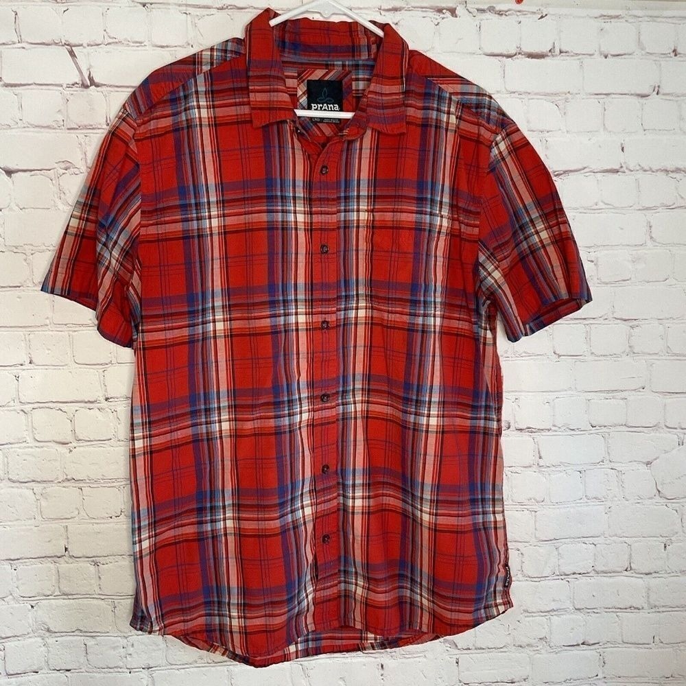 Prana Benton Fire‎ Red Plaid Short Sleeve Button Up Shirt Men Large India